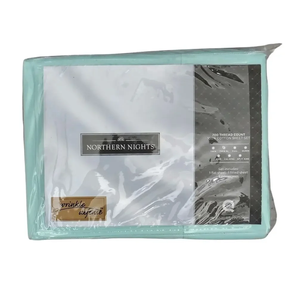 QVC Northern Nights Twin XL Sheet Set Seaglass Turquoise Blue 100% Cotton NEW